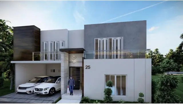 Front elevation rendering of modern Punta Cana villa with balcony
